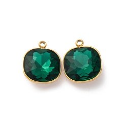 Изумруд Ионное покрытие (ip) 304 подвески из нержавеющей стали со стразами, квадратных амулеты, реальный 18 k позолоченный, изумруд, 16x13x6 мм, отверстие : 1.6 мм