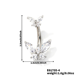 Платина Элегантные латунные хрустальные стразы бабочка изогнутые кольца для пупка штанга, платина, 22x14 мм
