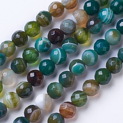 Green Natural Striped Agate/Banded Agate Beads Strands, Dyed & Heated, Faceted, Grade A, Round, Green, 8mm, Hole: 1.2mm, about 47pcs/strand, 14.9 inch(38cm)