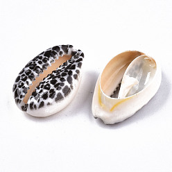 Черный Набивные бусины из натуральных ракушек каури, нет отверстий / незавершенного, с леопардовым принтом рисунком, чёрные, 18~22x13~14x6~8 мм