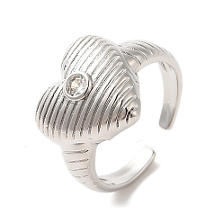 Platinum Brass Micro Pave Cubic Zirconia Open Cuff Rings, Heart, Platinum, Inner Diameter: 17mm