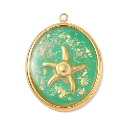 Весенне-зеленый 304 подвески из нержавеющей стали, эпоксидной смолы, с натуральными ракушками и пайетками внутри, овал с подвесками в виде морских звезд, реальный 18 k позолоченный, вакуумное покрытие pvd, весенний зеленый, 25.5x19.5x1.5 мм, отверстие : 1.4 мм