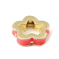 Rose Chaud Perles d'espacement en laiton émaillé en forme de fleur, plaqué longue durée, sans cadmium et sans plomb, réel 18 k plaqué or, crémaillère plaquage, rose chaud, 11.5x11.5x3mm, Trou: 6x7mm