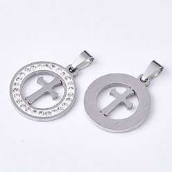 Stainless Steel Color 201 Stainless Steel Pendants, with Random Size Snap On Bails and Polymer Clay Crystal Rhinestones, Flat Round with Cross, Stainless Steel Color, 23x20x2~3mm, Hole: 7~10x3~5mm
