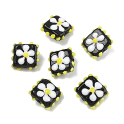 Черный Ручной работы ухабистым Шарики Lampwork, прямоугольник с цветочным узором, чёрные, 16~17x16~17x9~11 мм, отверстие : 1.6~1.8 мм