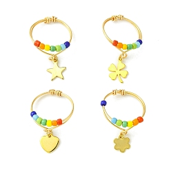 Golden 4Pcs 4 Styles Rainbow Color Glass Seed Braided Bead Finger Rings Set with Charms, Copper Wire Wrapped Rings, Star & Clover & Flower & Heart, Golden, Inner Diameter: 18.5~19.5mm, 1Pc/style