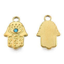 Real 18K Gold Plated 304 Stainless Steel Pendants, with Aquamarine Rhinestone, Hamsa Hand/Hand of Miriam, Real 18K Gold Plated, 17.5x11x2mm, Hole: 2mm