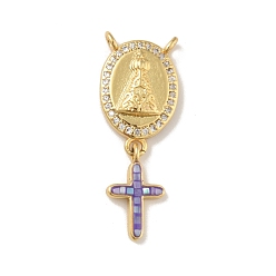 Mauve Brass Charms, with Shell, Cadmium Free & Lead Free, Long-Lasting Plated, Oval with Cross, Real 18K Gold Plated, Mauve, 30mm, Hole: 1.5mm