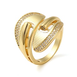 Real 16K Gold Plated Brass Micro Pave Cubic Zirconia Open Cuff Ring, Hollow Leaf, Real 16K Gold Plated, US Size 8 1/2(18.5mm)