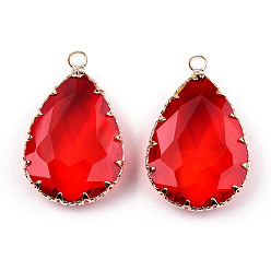 Red K9 Glass Pendants, with Golden Tone Brass Findings, Faceted, Drop, Red, 29~30x19x6~8.5mm, Hole: 2mm