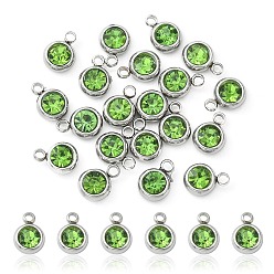 Peridot 20Pcs 201 Stainless Steel Rhinestone Charms, Birthstone Necklace Charms, Flat Round, Stainless Steel Color, Peridot, 8.5x6x3mm, Hole: 1.5mm