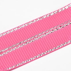 Hot Pink Polyester Grosgrain Ribbons for Gift Packing, Silver Wired Edge Ribbon, Hot Pink, 1/4 inch(6mm), about 100yards/roll(91.44m/roll)