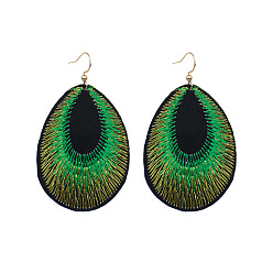 8069 Peacock Green Boho Ethnic Style Embroidered Tassel Earrings with Peacock Feathers and Pressed Floral Fabric in Oval Shape