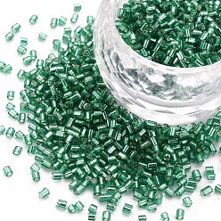 Sea Green Glass Bugle Beads, Silver Lined, Sea Green, 1.8~2.2x1.8~2mm, Hole: 0.8~0.9mm, about 15000pcs/pound
