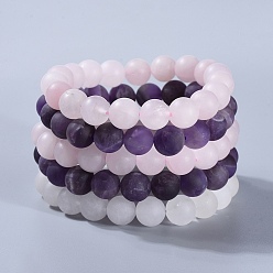 Mixed Stone Natural Gemstone Beads Stretch Bracelets, with Natural White Jade, Frosted Natural Rose Quartz and Frosted Natural Amethyst, Packing Box, 2-1/8 inch(5.3cm), 5pcs/box