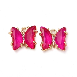 Deep Pink Brass with Glass Pendants, Butterfly, Deep Pink, 10x12x4mm, Hole: 1.2mm