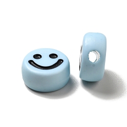 Light Sky Blue Opaque Acrylic Beads, Flat Round with Smiling Face Pattern, Light Sky Blue, 10x5mm, Hole: 2mm, about 1450pcs/500g