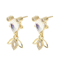 Белый Серьги-гвоздики в форме рыбок из латуни с микропаве из кубических цирконий, со стеклом, стойки покрытие, золотые, белые, 20.5x10.5 мм