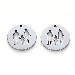 Stainless Steel Color 304 Stainless Steel Pendants, Laser Cut, Flat Round with Family, Stainless Steel Color, 15.5x1mm, Hole: 1.2mm