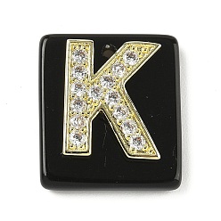 Letter K Природные подвески обсидиана, прямоугольные подвески с латунной микропаве прозрачной кубической циркониевой буквой, реальный 18 k позолоченный, долговечный, стойки покрытие, Письмо K, 21x18x5 мм, отверстие : 1.4 мм