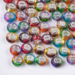 Mixed Color Resin European Beads, Large Hole Beads, with Brass Double Cores, Two Tone, Rondelle, Mixed Color, 14x8.5~9mm, Hole: 5mm