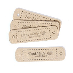 Tan Imitation Leather Label Tags, with Holes & Word Hand Made with love, for DIY Jeans, Bags, Shoes, Hat Accessories, Rounded Rectangle, Tan, 15x55mm