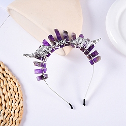 Amethyst Hollow Triple Moon with Wing Metal Crown Hair Bands, Raw Natural Amethyst Wrapped Hair Hoop for Women Girl, 180x150x15mm