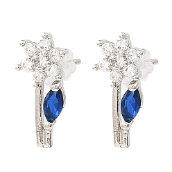 Blue Flower Platinum Brass Stud Earrings, with Clear Cubic Zirconia, Long-Lasting Plated, Lead Free & Cadmium Free, Blue, 15x6.5mm