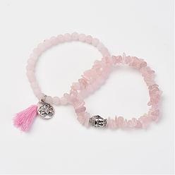 Rose Quartz Natural Rose Quartz Beads Stretch Bracelets, with Brass & Alloy Findings, Frosted, Round & Chips, Burlap Packing, 2 inch~2-1/8 inch(50~53mm), 2strands/set