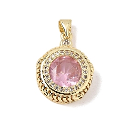 Pearl Pink Brass Pave Cubic Zirconia Pendants, Flat Round Charms, Rack Plating, Long-Lasting Plated, Lead Free & Cadmium Free, Real 18K Gold Plated, Pearl Pink, 22x16x6.5mm, Hole: 5x3.5mm