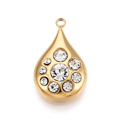 Золотой 303 подвески из нержавеющей стали, со стразами, слезинки, ионное покрытие (ip), долговечный, золотые, 20.5x12x5 мм, отверстие : 1.6 мм