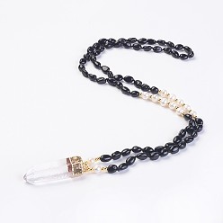 Tourmaline Natural Black Tourmaline and Natural Quartz Crystal Pendant Necklaces, with Pearl and Brass Findings, Bullet, 31.5 inch~32.3 inch(80~82cm), Pendant: 45~55x15x10mm