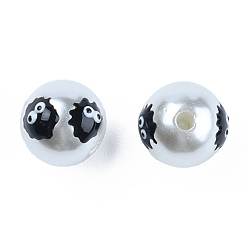 Black ABS Plastic Imitation Pearl Beads, with Enamel, Round with Ghost, Black, 12.5x12x11.5mm, Hole: 2mm