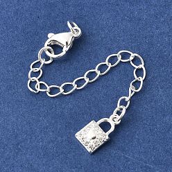 Серебро Удлинитель цепочки из латуни с микропаве и прозрачным кубическим цирконием, цепочки с застежками-карабинами и подвесками для сумок, серебряные, 75 мм, отверстие : 2.7 мм