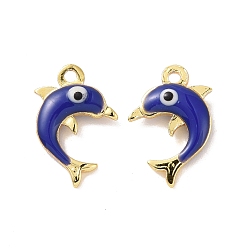 Marine Blue Brass Enamel Pendants, Real 18K Gold Plated, Dolphin with Evil Eye, Marine Blue, 12.5x8x3mm, Hole: 1mm