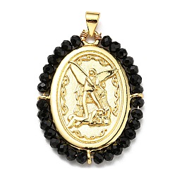 Black Brass with Glass Pendants, Cadmium Free & Lead Free, Real 18K Gold Plated, Oval with Angel Pattern, Black, 35x26x3mm, Hole: 3.5x4mm