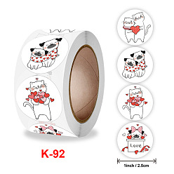 Colorful 4 Styles Valentine's Day Theme Round Paper Stickers, Self Adhesive Roll Sticker Labels, for Envelopes, Bubble Mailers and Bags, Cat & Dog with Heart Pattern, Colorful, 25mm, 500pcs/roll