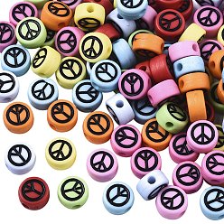 Mixed Color Opaque Acrylic Beads, with Enamel, Flat Round with Peace Sign, Mixed Color, 7x4mm, Hole: 1.6mm, about 730pcs/100g
