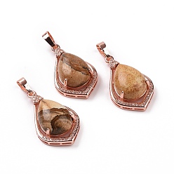 Picture Jasper Natural Picture Jasper Pendants, Teardrop Charms, with Rose Gold Tone Rack Plating Brass Findings, 32x19x10mm, Hole: 8x5mm