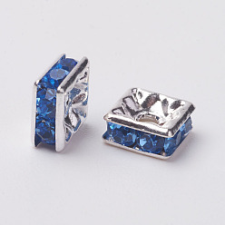 Light Sapphire Brass Rhinestone Spacer Beads, Grade A, Silver Color Plated, Square, Light Sapphire, 6x6x3mm, Hole: 1mm