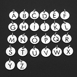 Stainless Steel Color 201 Stainless Steel Charms, Laser Cut, with Jump Rings, Flat Round with Alphabet A~Z, Stainless Steel Color, 12x12x1mm, Hole: 3mm, 26pcs/set