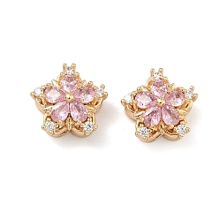 Pink Латунные звенья с инкрустацией кубическим цирконием, цветок, реальный 18 k позолоченный, розовые, 13x13x7 мм, отверстие : 1.6 мм