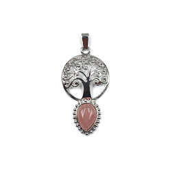 Rose Quartz Natural Rose Quartz Teardrop Pendants, Tree of Life Charms with Platinum Plated Metal Findings, 49x26mm
