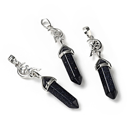 Blue Goldstone Synthetic Blue Goldstone Double Terminated Pointed Big Pendants, with Platinum Tone Brass Findings, Cadmium Free & Lead Free, Moon with Fairy & Bullet, Faceted, 62~66mm