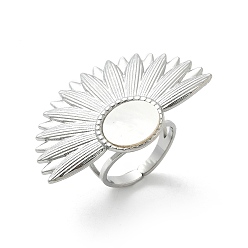 Нержавеющая Сталь Цвет Цветок 304 перстни из нержавеющей стали с белой ракушкой для женщин, цвет нержавеющей стали, 26.5x40 мм, внутренний диаметр: 17 мм