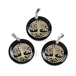 Обсидиан Плоские круглые подвески из натурального обсидиана, подвески в виде дерева жизни с платиновым покрытием, латунные, с застежкой на дужке, без кадмия и без свинца, 30.5~32x25~25.5x6.5~7.5 мм, отверстие : 4.5x3.5 мм