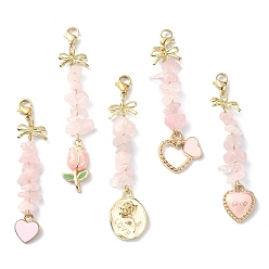 Rose Quartz Natural Rose Quartz Chip Beaded Pendant Decorations, Valentine's Day Alloy Enamel Charms and 304 Stainless Steel Lobster Claw Clasps, Heart & Tulip & Bowknot, 61~71mm