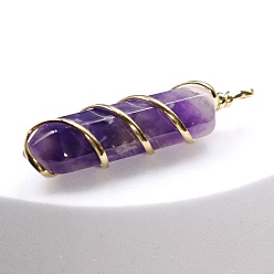 Amethyst Natural Amethyst Copper Wire Wrapped Pointed Pendants, Faceted Bullet Charms, Golden, 45x10mm