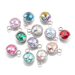 Mixed Color 304 Stainless Steel Glass Rhinestone Charms, Faceted, Flat Round, Mixed Color, 14x10x7mm, Hole: 2.5mm