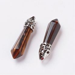 Tiger Eye Natural Tiger Eye Pointed Pendants, with Platinum Tone Alloy Findings, Bullet, 33~40x8~9x8~9mm, Hole: 3x4mm